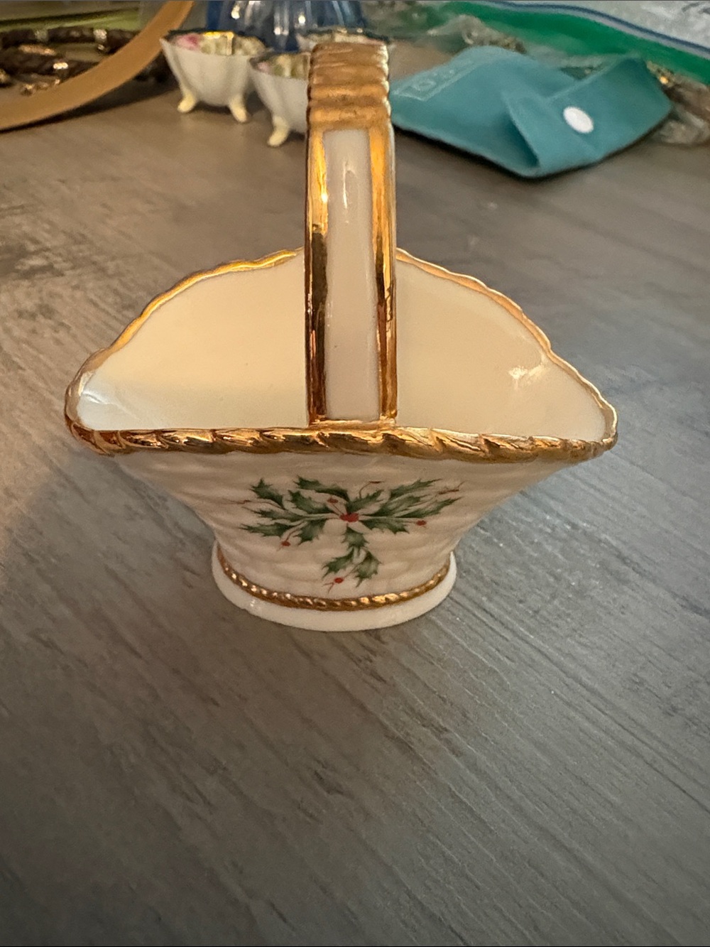 Lenox White Porcelain Basket with Gold Trim and Holly Detail
